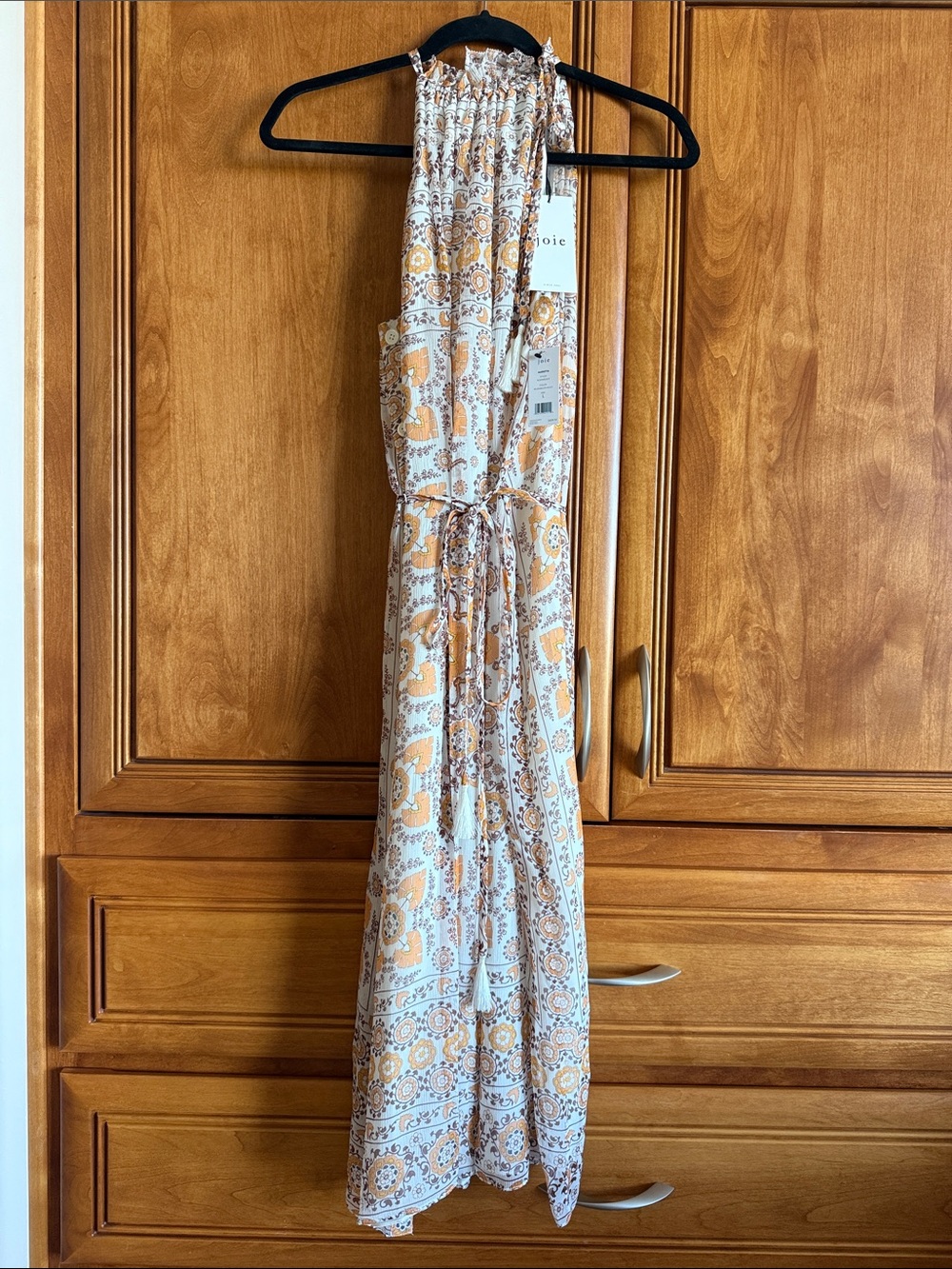 Joie White and Tan Paisley Silk Maxi Dress